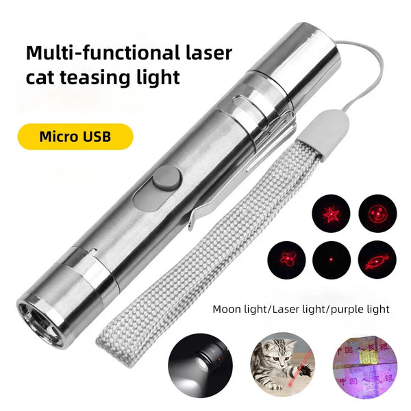 A silver multi-functional laser cat teasing light device with a USB connector and various light modes.