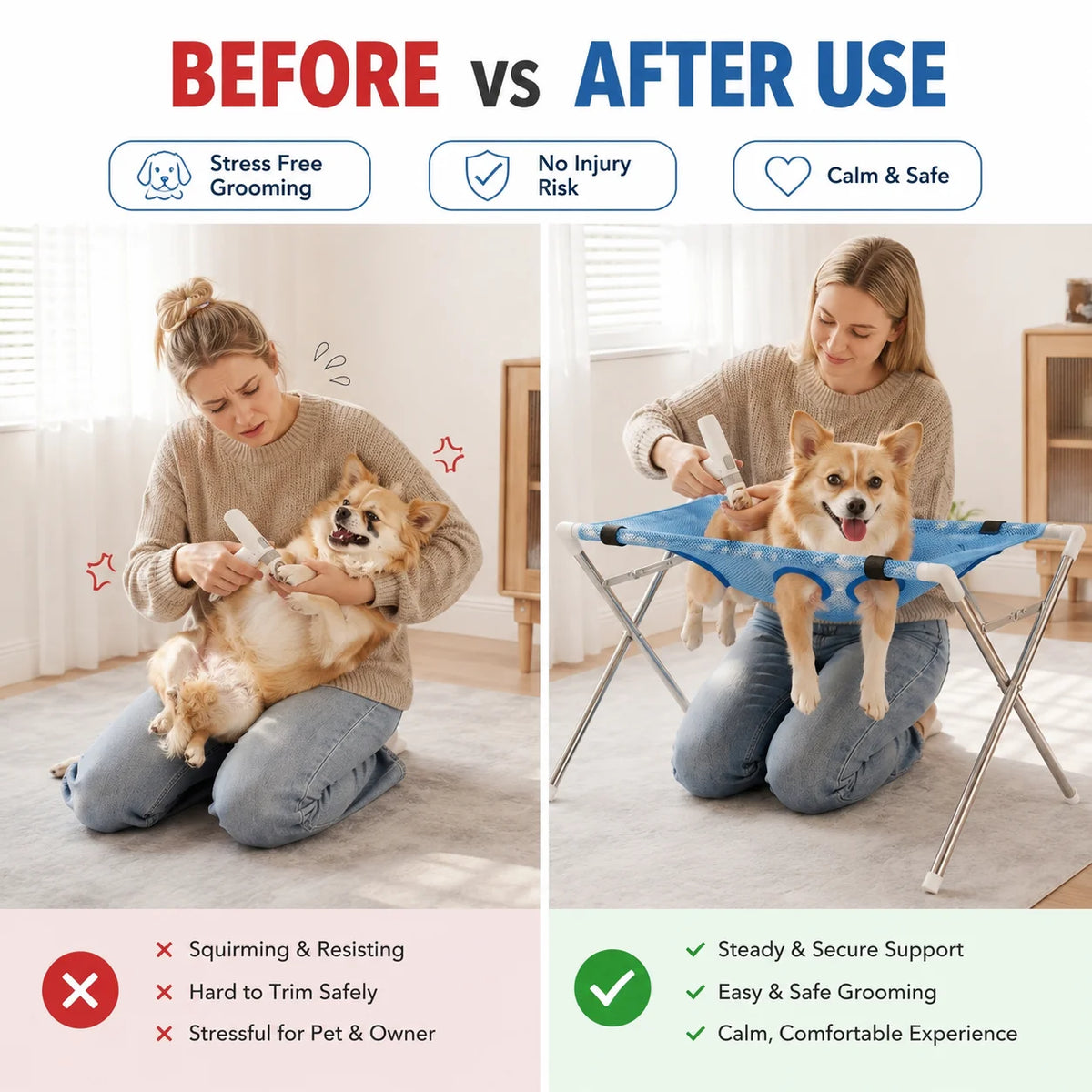 Comparación antes y después mostrando a una mascota usando una hamaca de aseo plegable para recortar uñas.