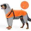 A dog wearing an orange and gray waterproof raincoat with a hood, shown in a side profile.
