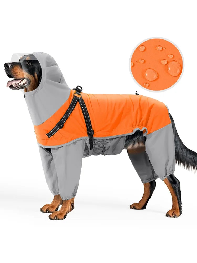 A dog wearing an orange and gray waterproof raincoat with a hood, shown in a side profile.