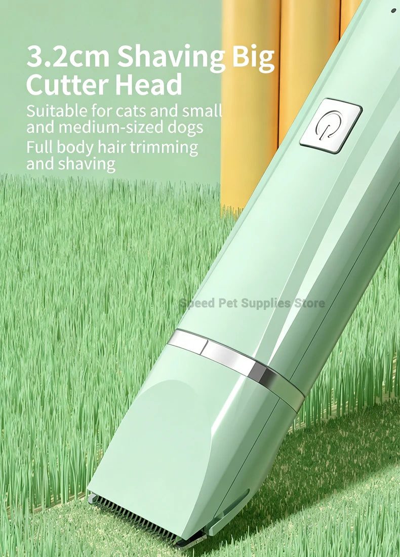 A close-up view of a light green pet grooming tool with a cutting head, lying on green grass.