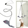 A gray cat toy featuring a retractable stick is shown hanging inside a white door frame.