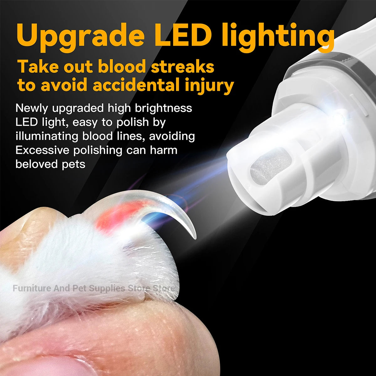 Close-up of a pet's nail with bright LED light illuminating blood streaks for grooming.