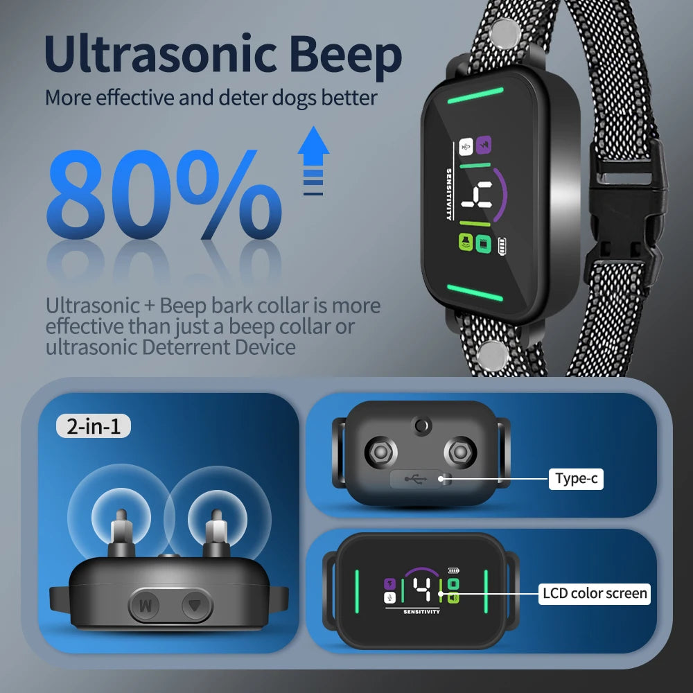 A black ultrasonic beep bark collar device with a silicone strap and a separate LCD color screen component.