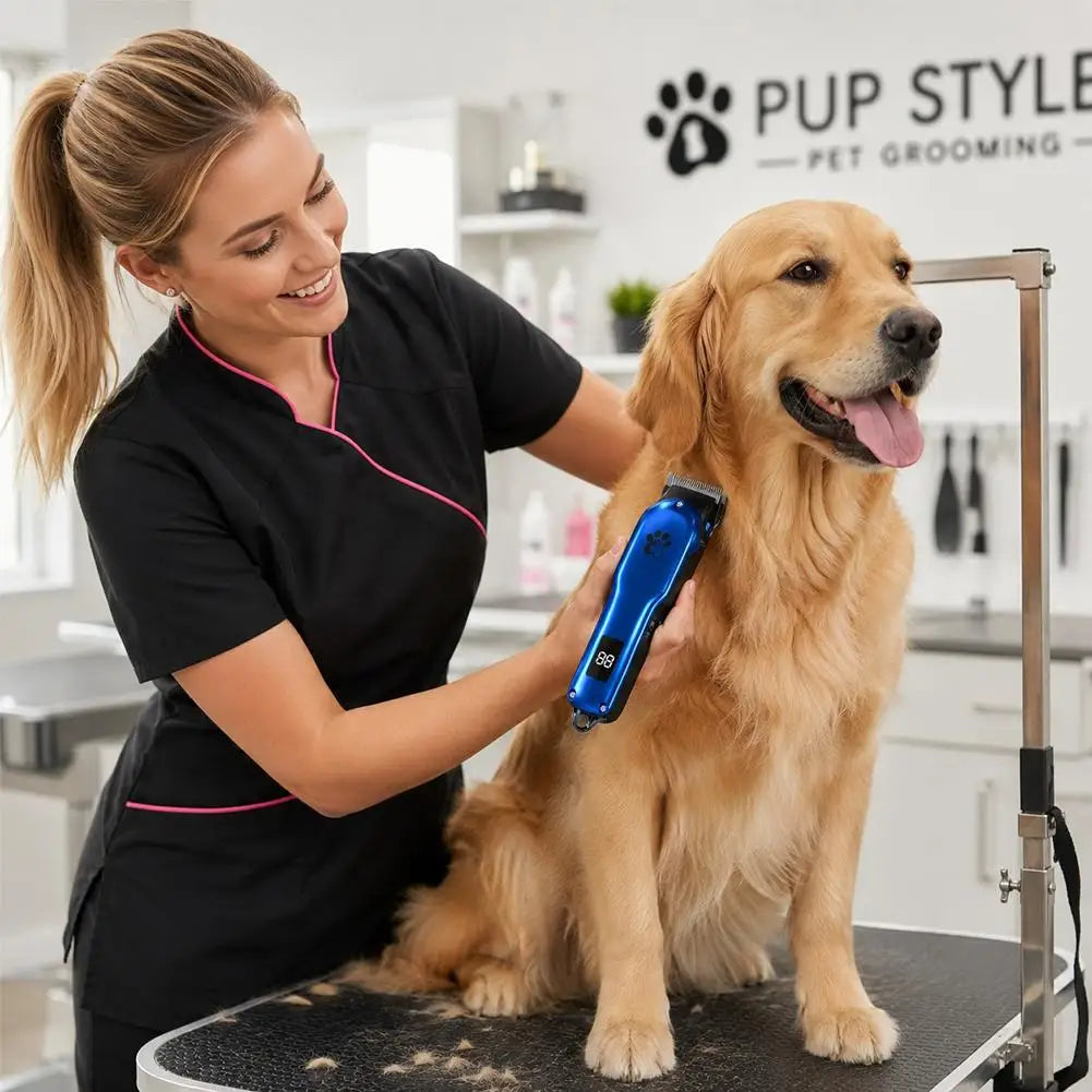 Une femme utilise un coupe-poils sans fil bleu sur un golden retriever pendant le toilettage.