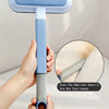 A hand holds a light blue reusable double-sided pet hair removal glove, showing the detail of the cleaning head.