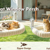 Two fluffy orange and gray cats relaxing in white hammock-style perches mounted on a window