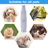 A white electric pet nail grinder shown alongside various pets including a dog, bird, cat, and rabbit.
