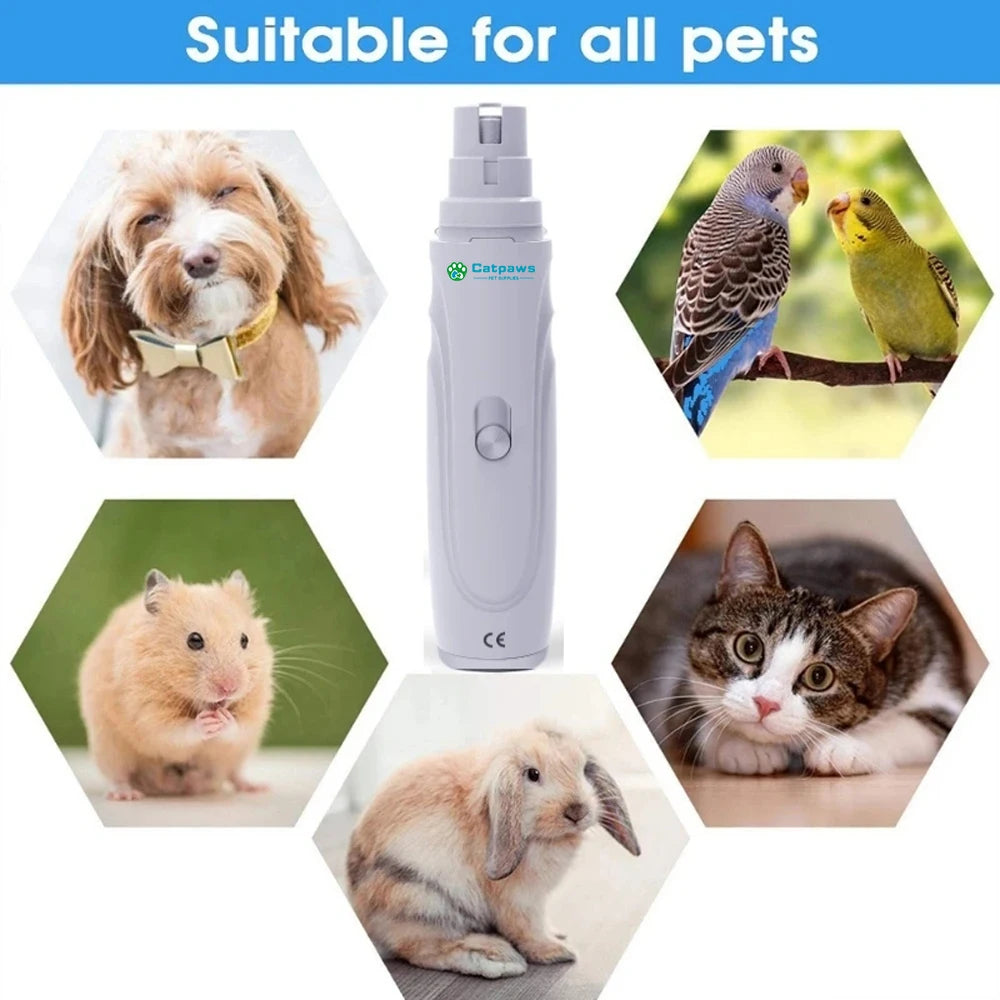 A white electric pet nail grinder shown alongside various pets including a dog, bird, cat, and rabbit.