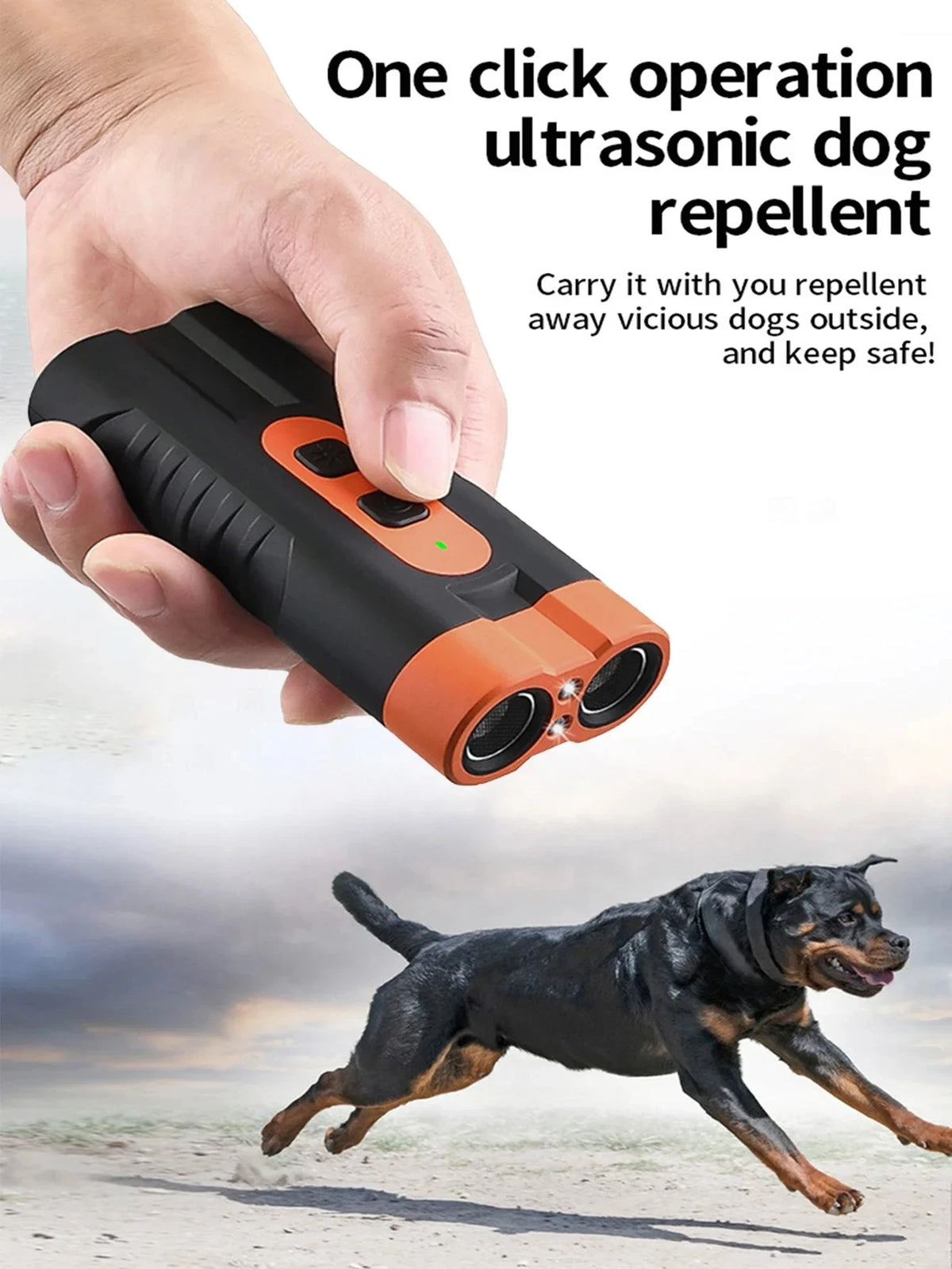 A hand holds a black ultrasonic dog repellent device, with a dog running in the background.