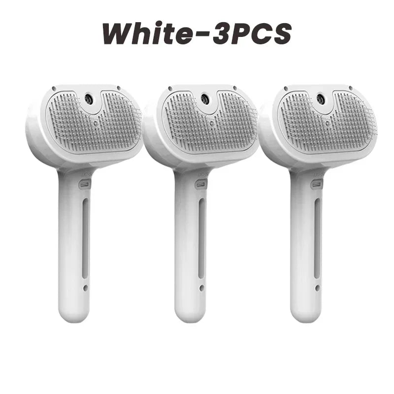 Three white pet grooming tools including a brush, a steam device, and a comb.