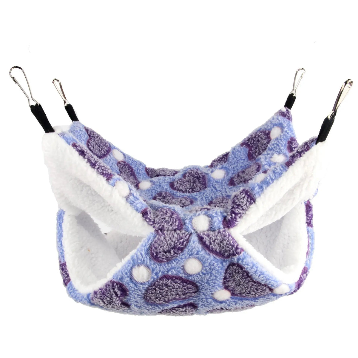 A cozy double-layer fleece hammock for small pets featuring purple and white speckled fur.