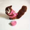 Brauner Hamster mit pinkem gemustertem Geschirr und rosa Leine.