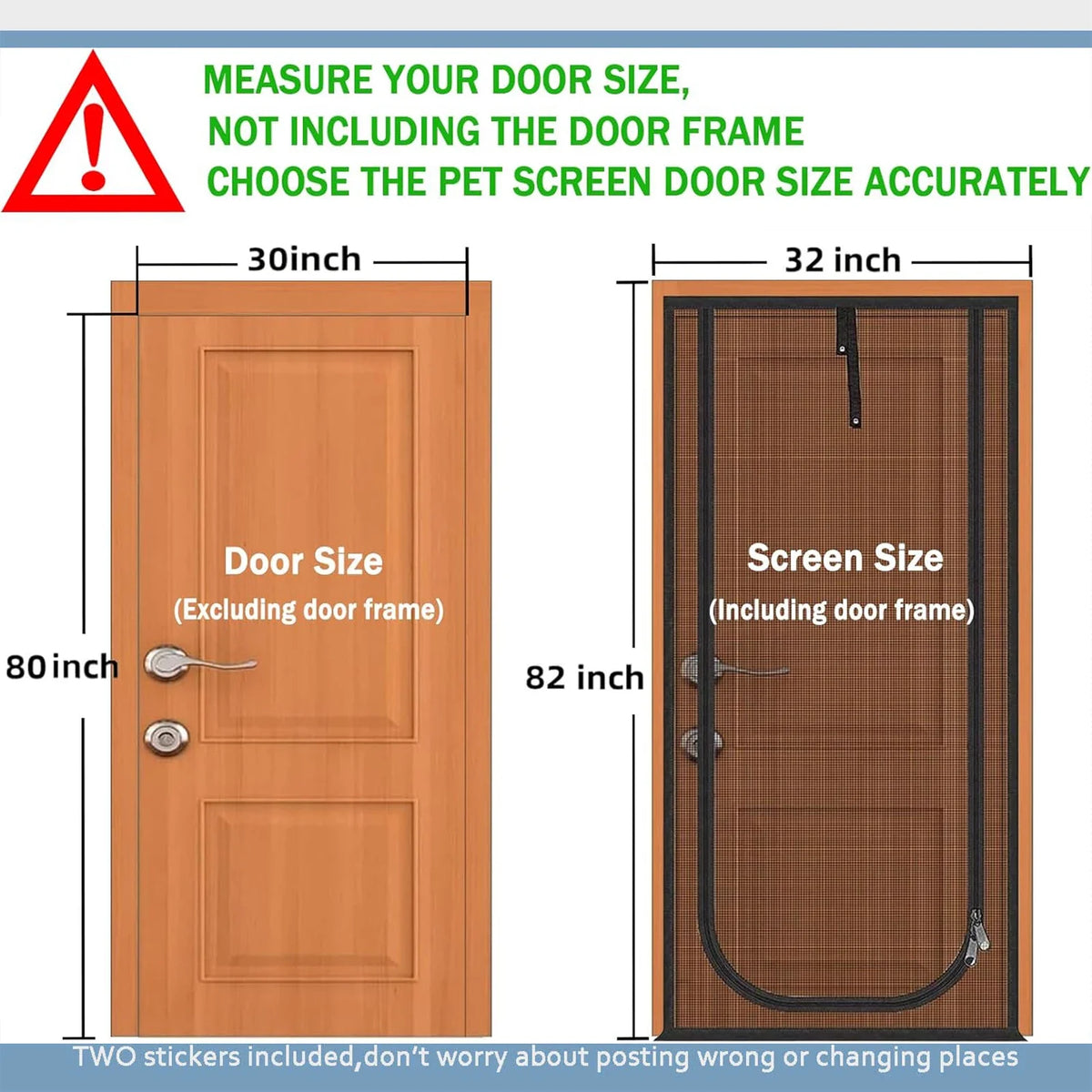 Diagram showing the size of a door and corresponding pet screen door, with measurements for both sizes.