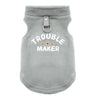 A gray cozy winter pet jacket for dogs with a metal clasp.