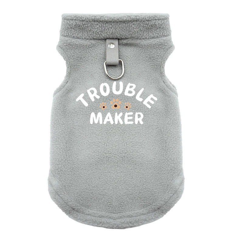 A gray cozy winter pet jacket for dogs with a metal clasp.