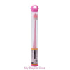 A pink silicone pet toothbrush with a brush head is shown standing upright.