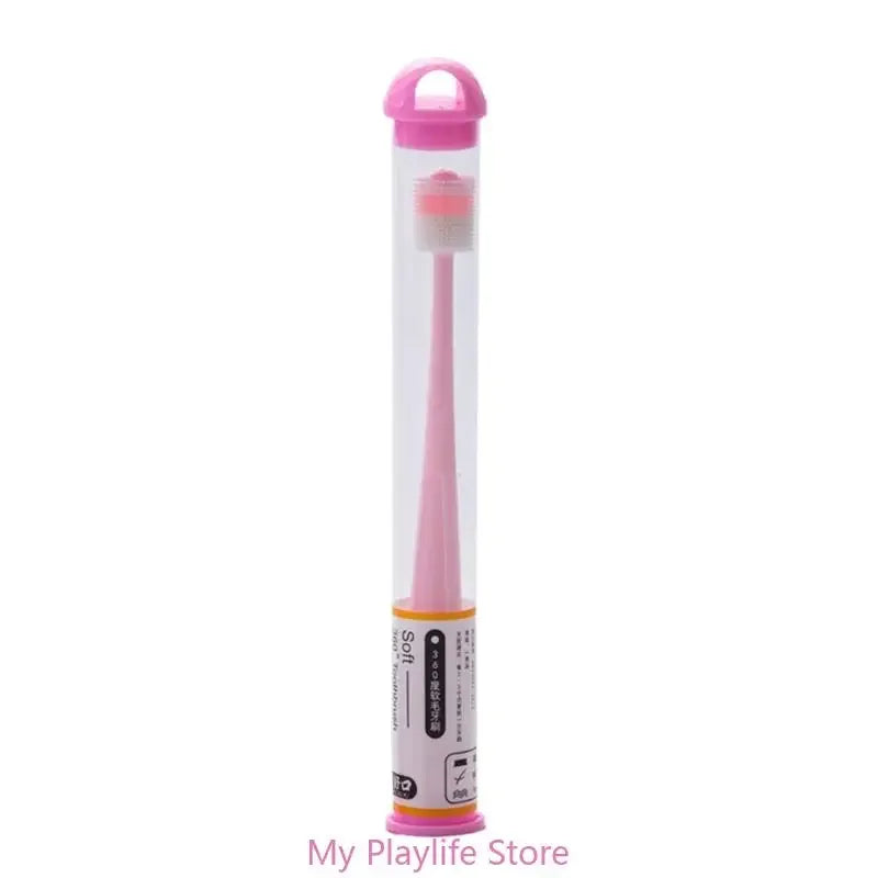 A pink silicone pet toothbrush with a brush head is shown standing upright.