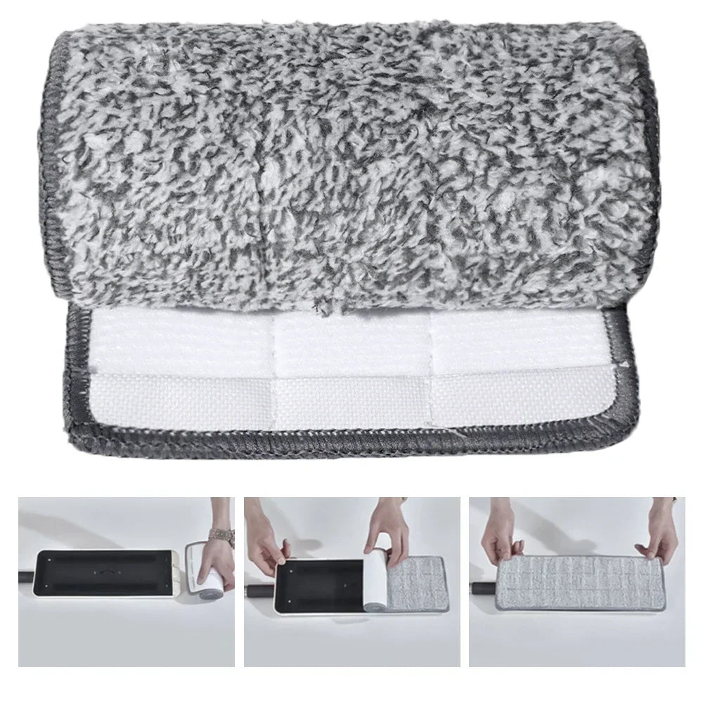 Reusable microfiber mop pads in gray and white with a fluffy texture, shown folded.