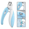 A white and light blue LED pet nail clipper tool shown with close-up views of its features.