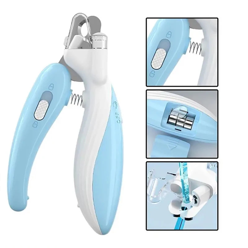 A white and light blue LED pet nail clipper tool shown with close-up views of its features.