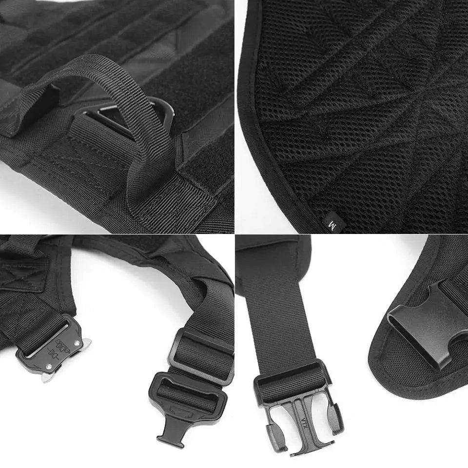 Close-up view of a black tactical dog harness with collar and MOLLE pouches.