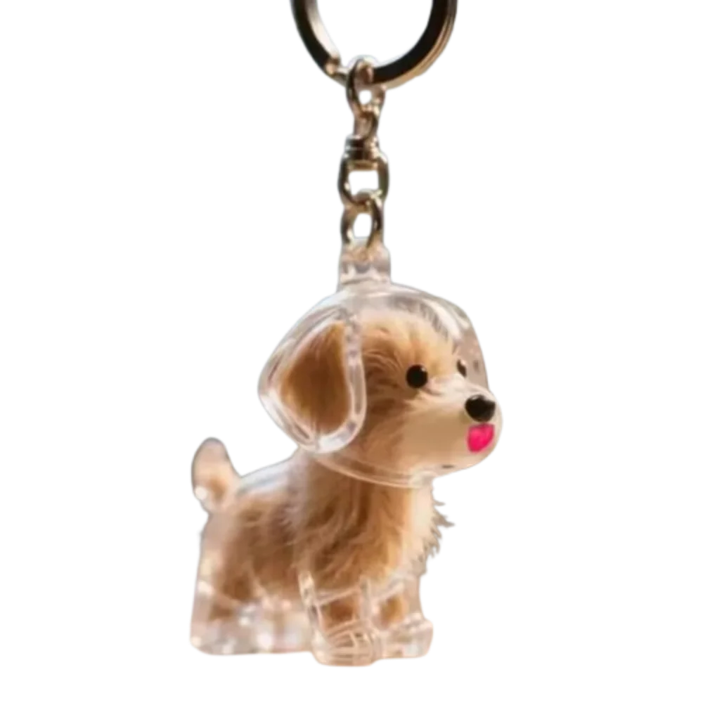 Una pequeña figura de perro de color marrón claro, sujeta a un anillo de llavero plateado.
