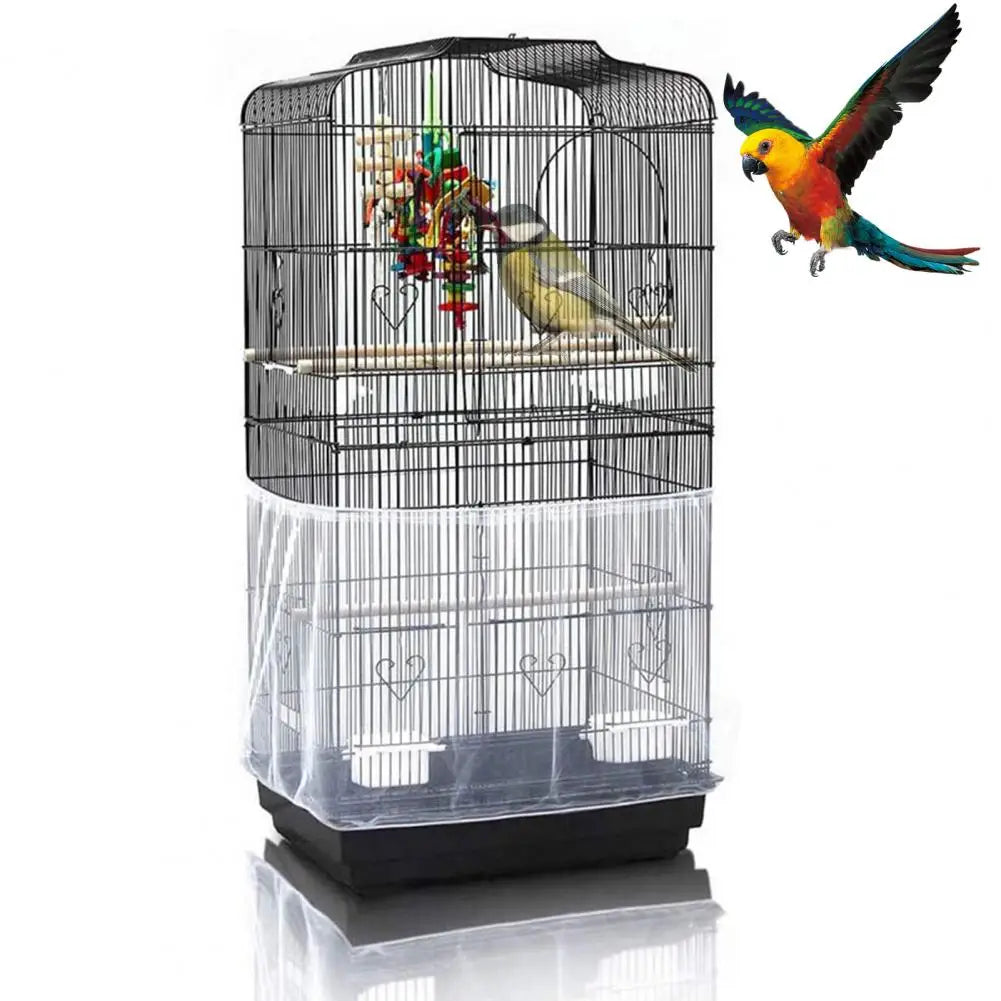 A clear plastic bird cage skirt covering a metal bird cage with a colorful bird perched on top.