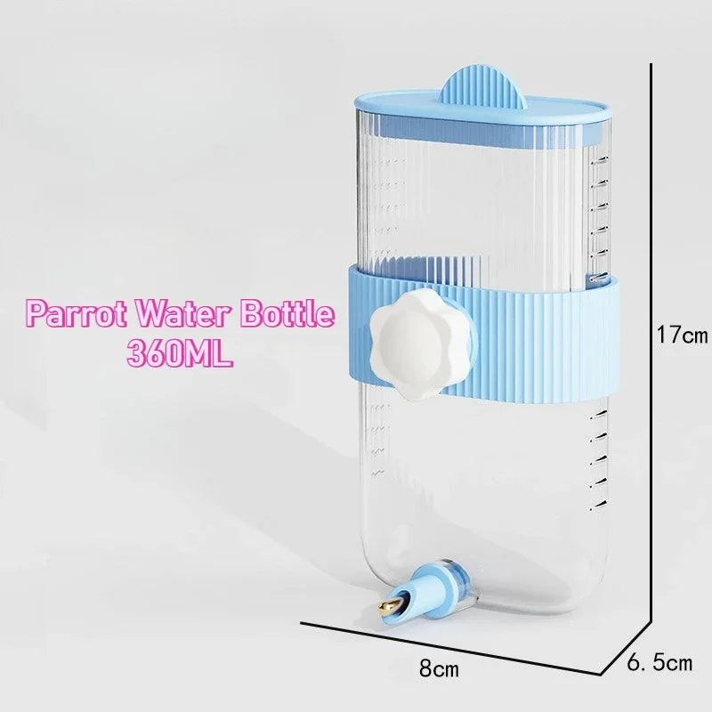 A clear plastic parrot water bottle with a blue lid and a silicone feeding tube is shown.