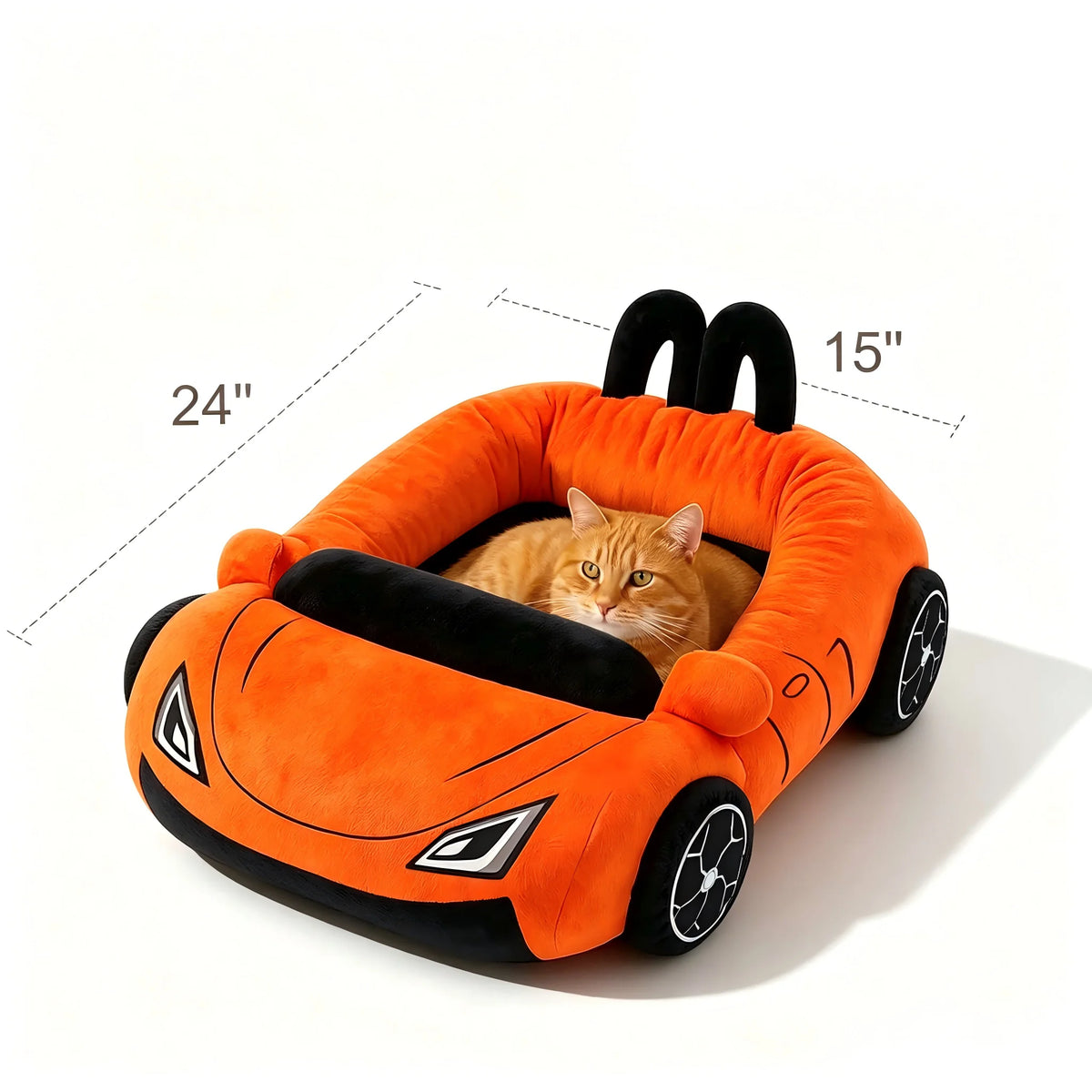 An orange plush supercar cat bed with a cushion is shown, measuring 24 inches long.