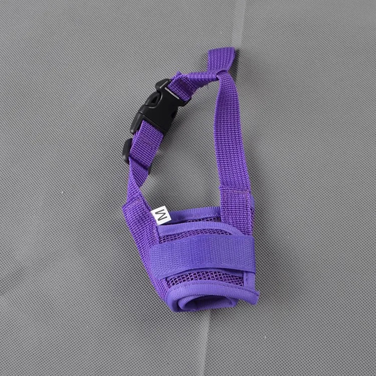 Purple adjustable breathable dog muzzle with soft padding and black strap