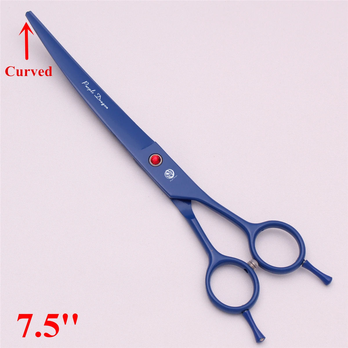 Ein Paar blaue gebogene Edelstahl-Groomer-Schere mit rohem Griff und Maßskala.