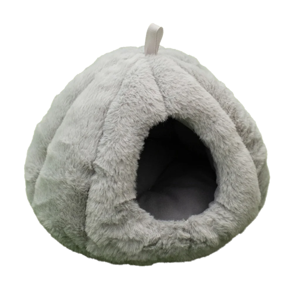A fluffy, light gray plush hanging nest shaped like a rounded bowl for small pets.