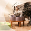 A tabby cat is eating from a purple ceramic slow feeder bowl placed on a wooden stand.