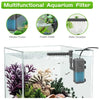 A clear aquarium tank filled with various aquatic plants and fish, featuring a multifunctional filter system.