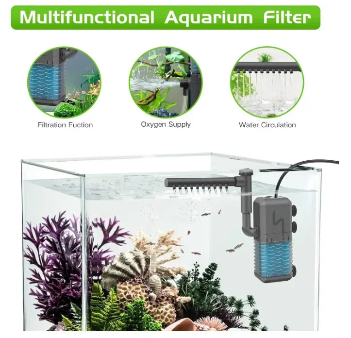 A clear aquarium tank filled with various aquatic plants and fish, featuring a multifunctional filter system.