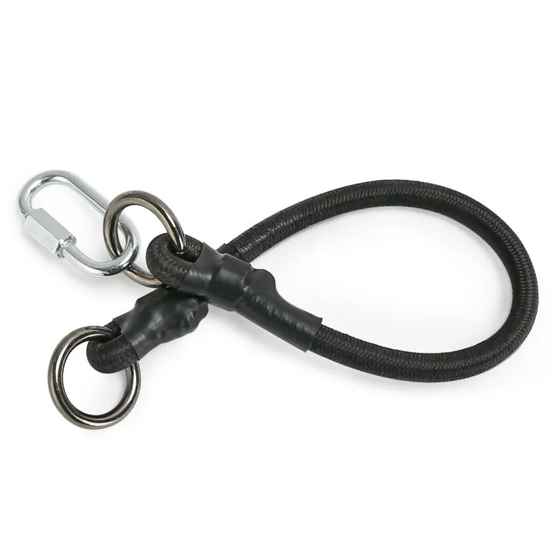 Black nylon quick-release dog leash with an elastic extension and metal clip.