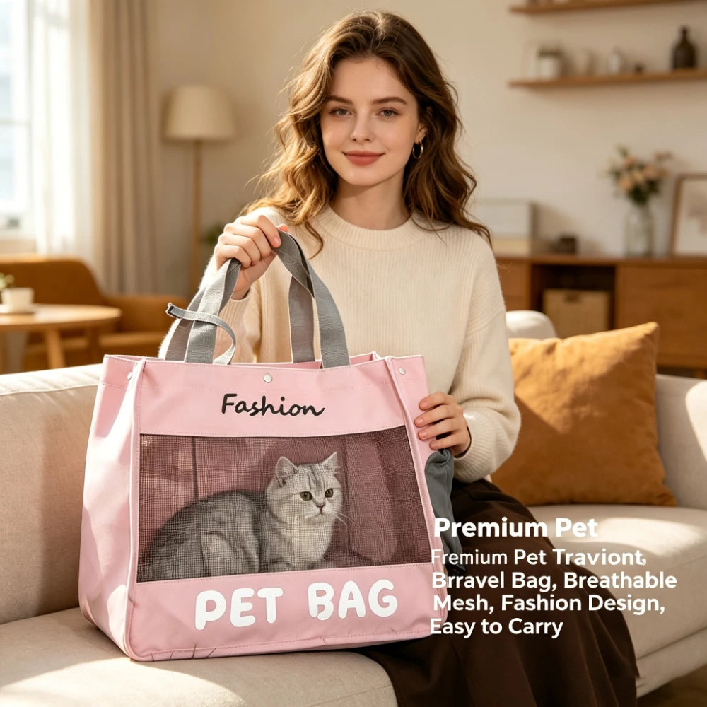 A woman holds a pink pet bag with a fashion design on a couch.