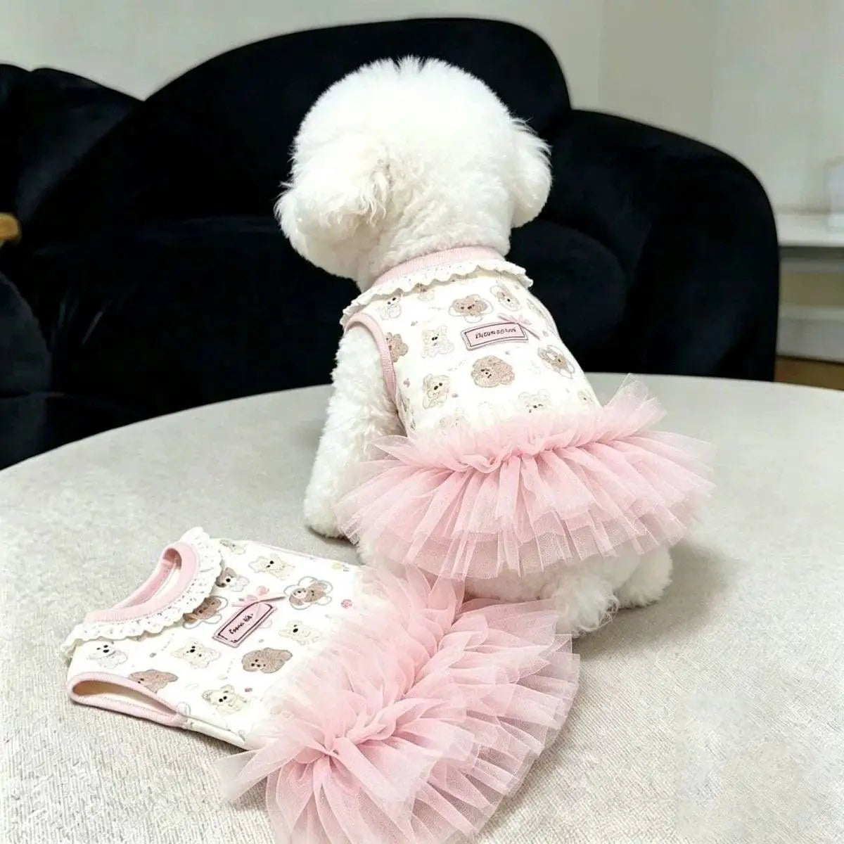 Ein weißes flauschiges Hundekleid mit pinkem Zierrand und Rüschen auf einer hellen Oberfläche.