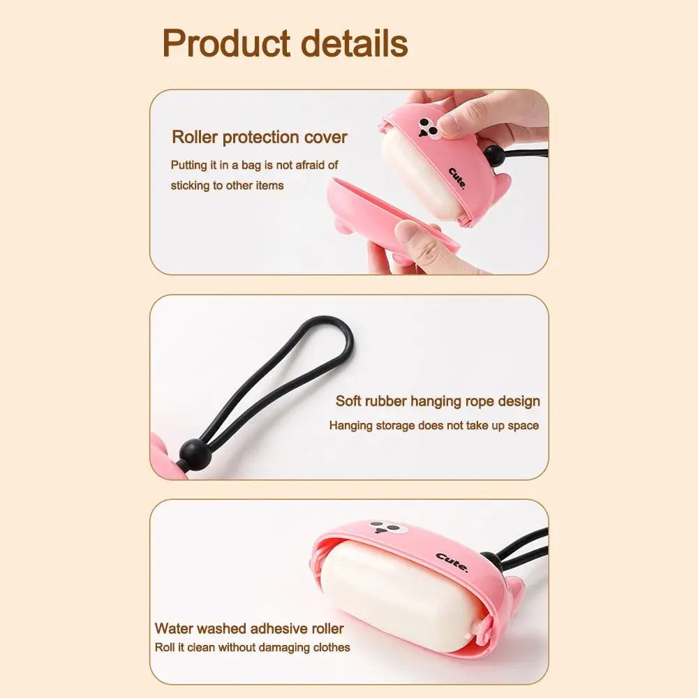 A pink reusable pet hair roller with a cute design shown in various usage contexts.
