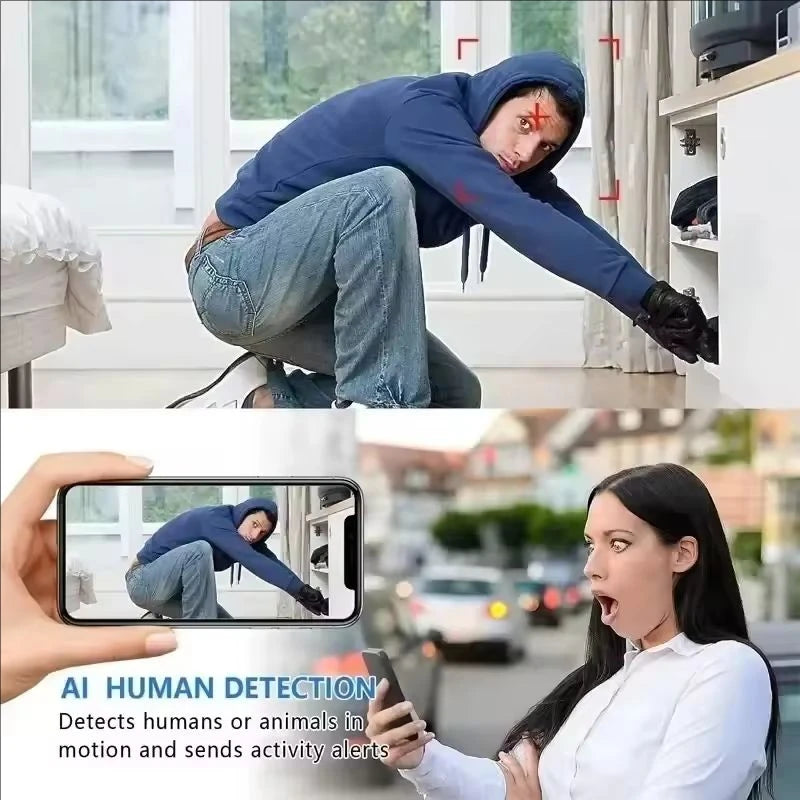 A person wearing a dark blue hoodie is visible in a security camera view, demonstrating AI human detection.