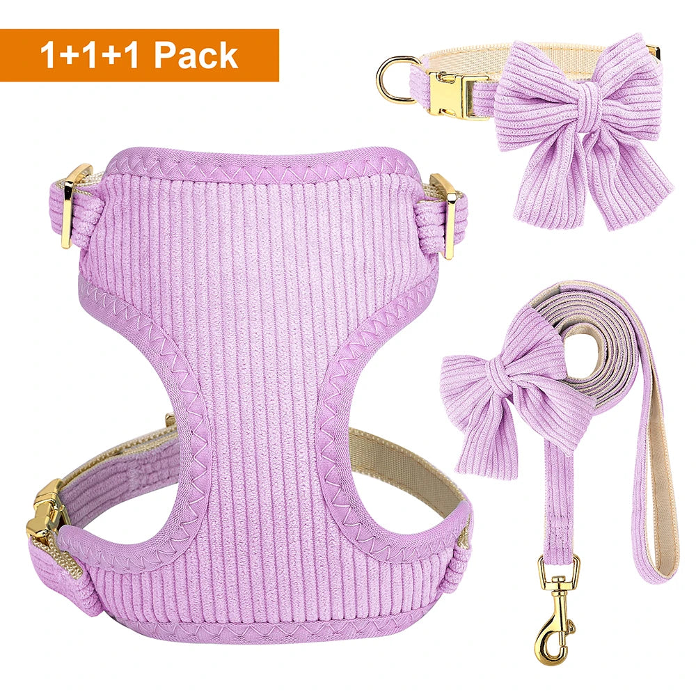 A lilac purple dog harness, collar, and leash set with a bowknot, shown in a 1+1+1 pack.