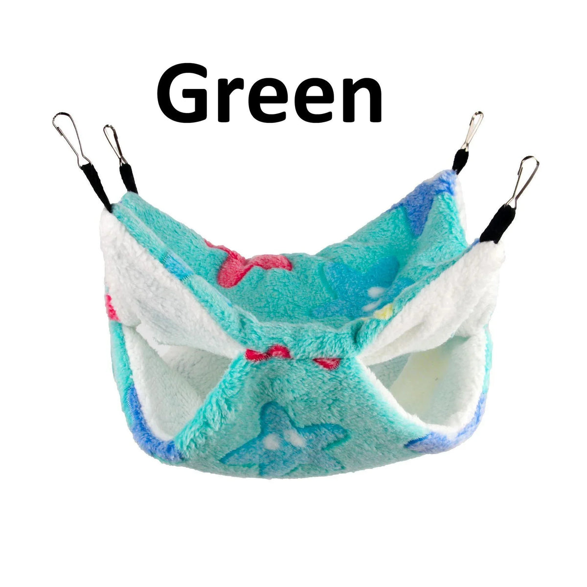 A light blue and white fleece hammock for small pets with pink accents.