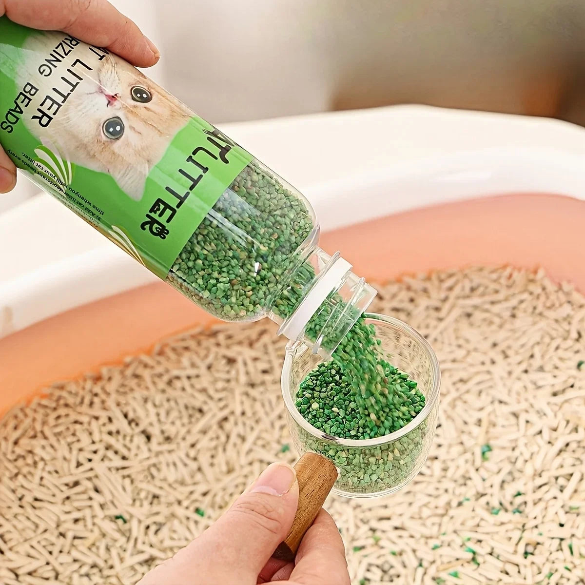 Eine Hand gießt grüne Körner aus einer Flasche in eine Glasschale mit Katzenstreu.
