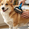 A person is using a dual-sided pet deshedding rake brush on a dog's fur.