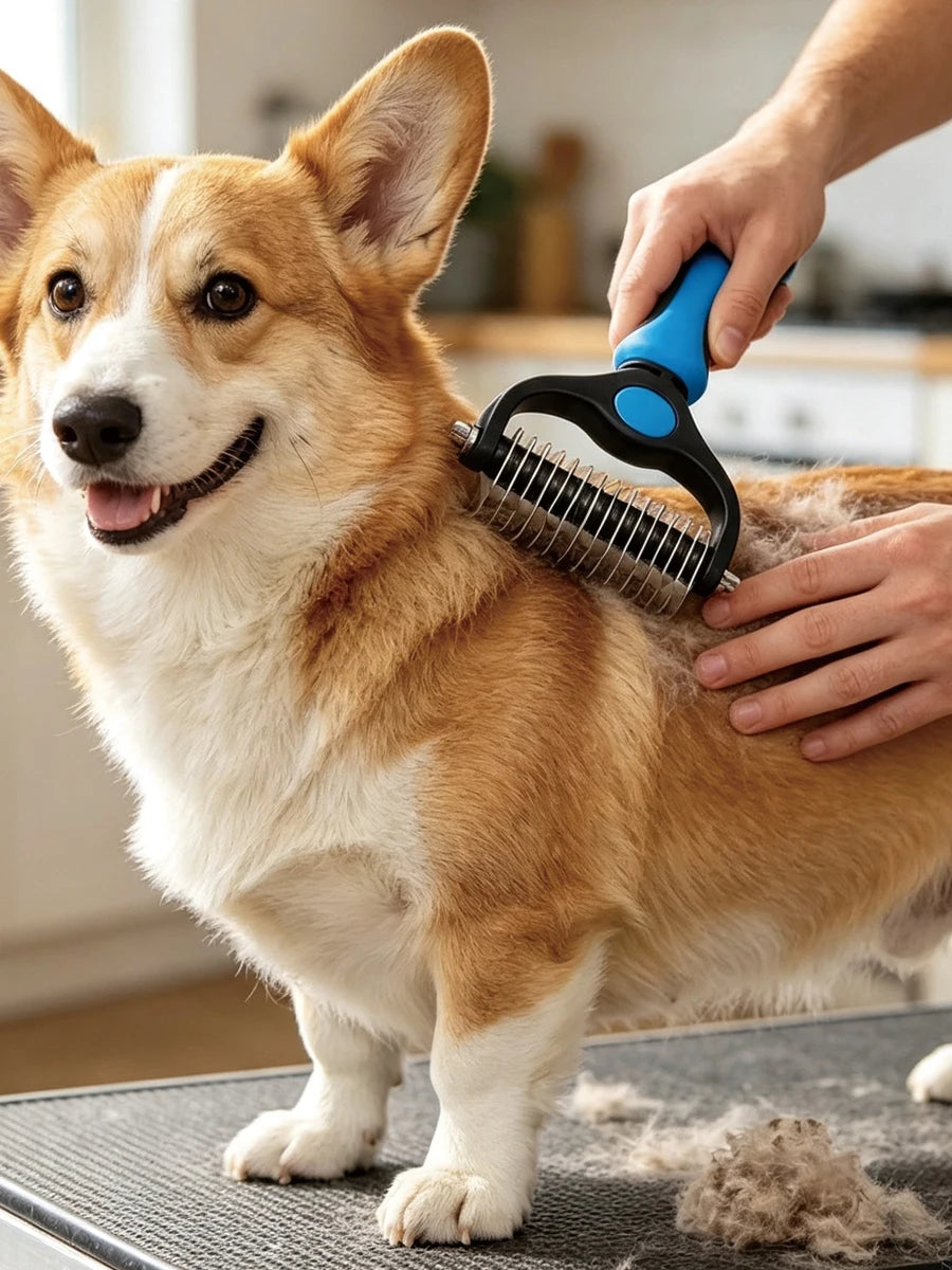A person is using a dual-sided pet deshedding rake brush on a dog's fur.