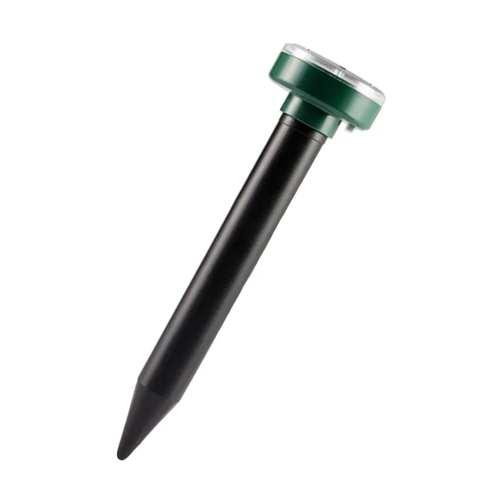 A black solar powered ultrasonic pest repeller with a green cap and nozzle.