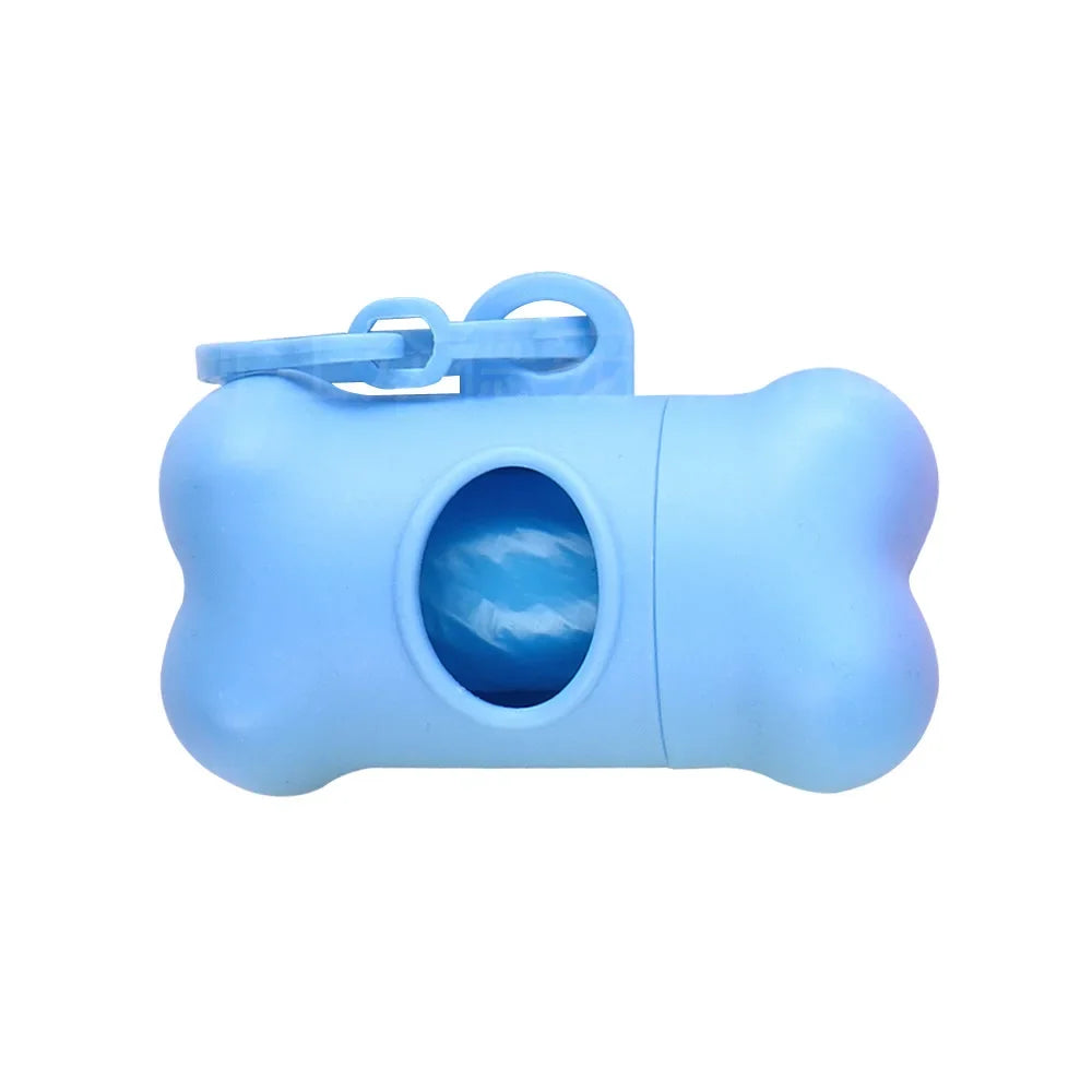 Light blue bone-shaped poop bag dispenser with a clip and an oval opening