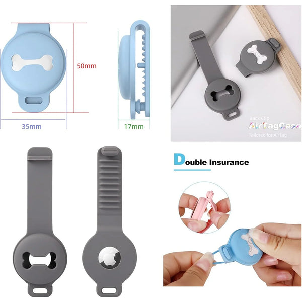 Silicone AirTag holder in light blue and gray colors shown with dimensions and usage examples.