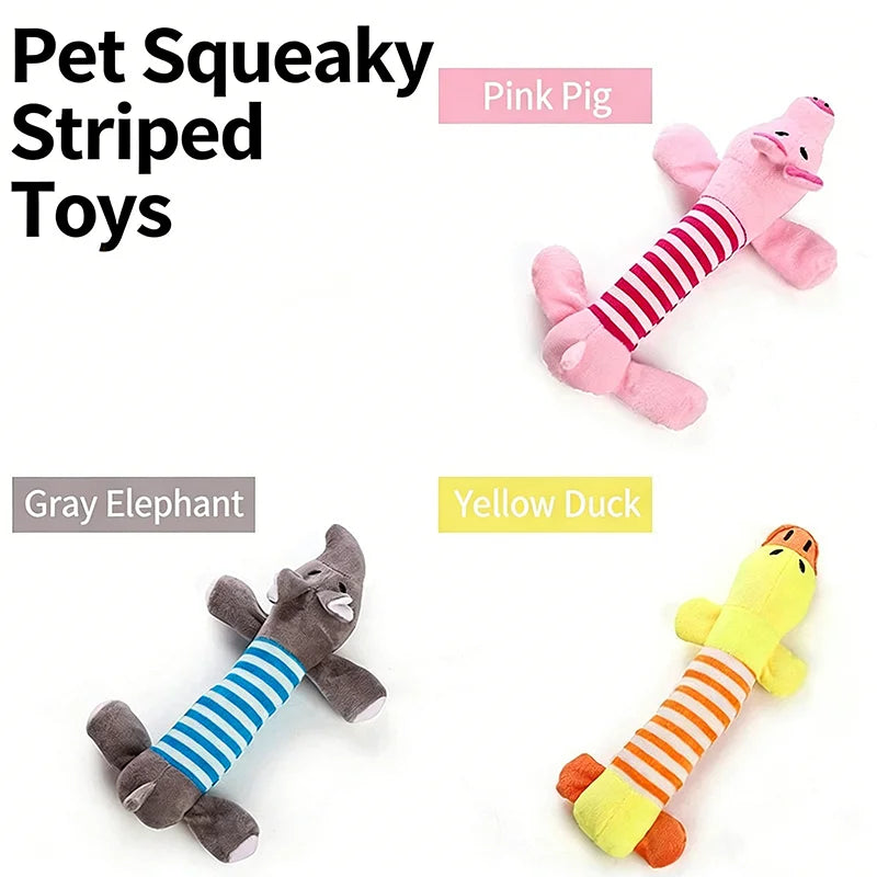 A collection of pink pig, gray elephant, and yellow duck striped squeaky plush toys.